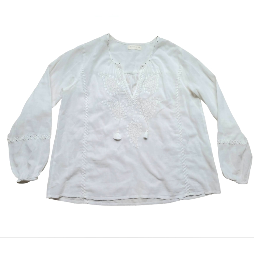Maison Hotel Blouse Boho Peasant Sleeve Cotton Embroidered Women's Size SMALL